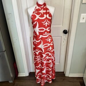 JOIE Red & White Printed Halter Maxi Long Dress Size Medium Silky Garden Party
